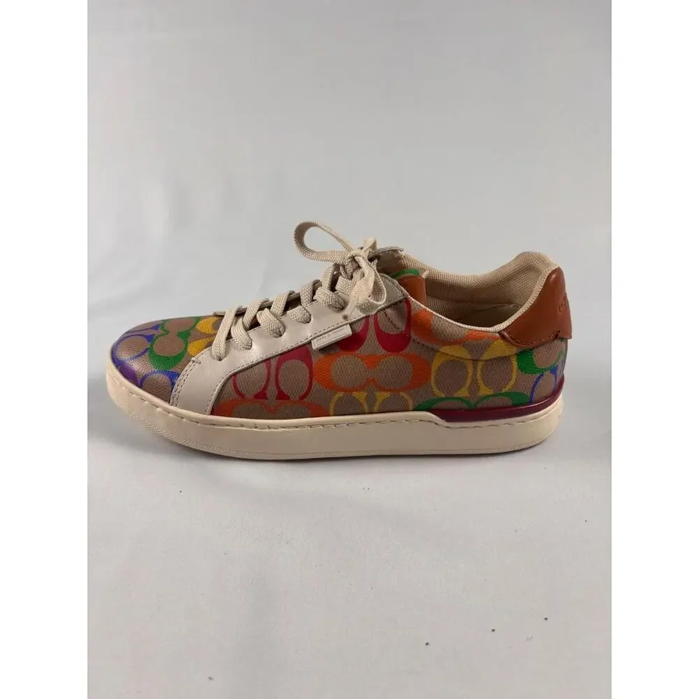 Coach Low Top Sneakers Rainbow Signature C Monogram‎ Khaki Multi Leather Trim